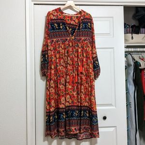 Red Floral Bohemian Midi Dress